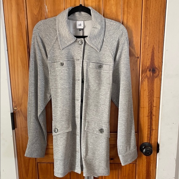 Cabi Grab & Go Trench Light Grey Knit Jacket Large Utility Cargo Belted